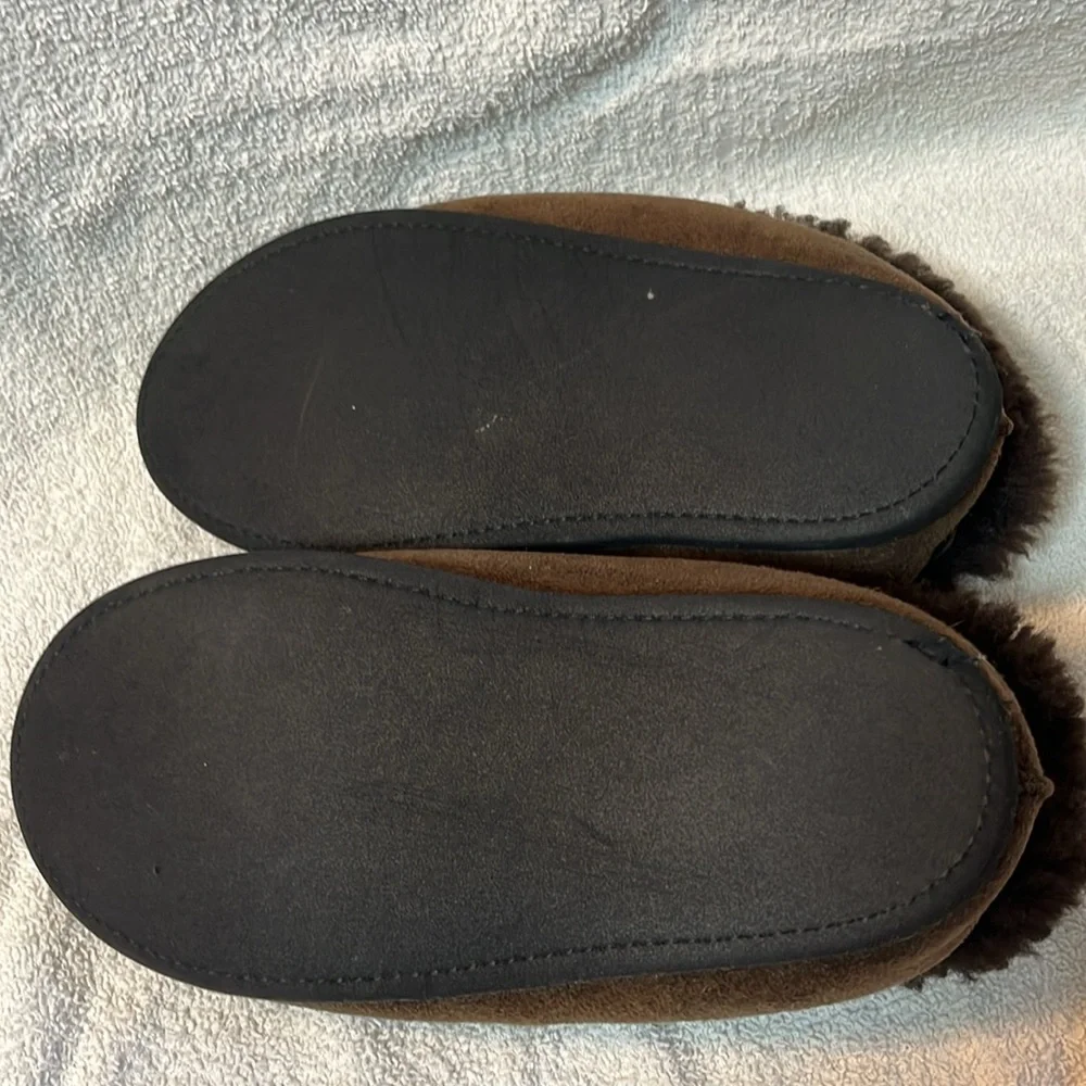 Kids handcrafted chocolate brown sheepskin slippers that fits sizes 2-3